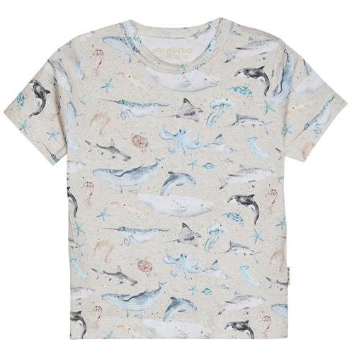 Minymo T-shirt sand med blå havdyr - GOTS, str. 80