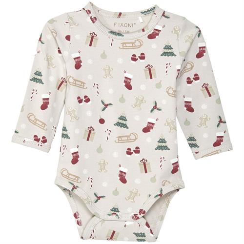 Fixoni body beige med juleprint - GOTS, str. 50, 56, 62, 68