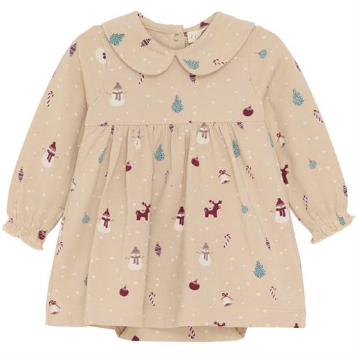 Fixoni kjole med body beige med juleprint - GOTS, str. 50, 56, 62, 74, 80, 86