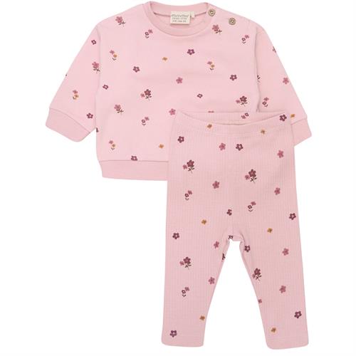 Minymo bluse og bukser rosa med blomster - GOTS, str. 74, 80, 86, 92