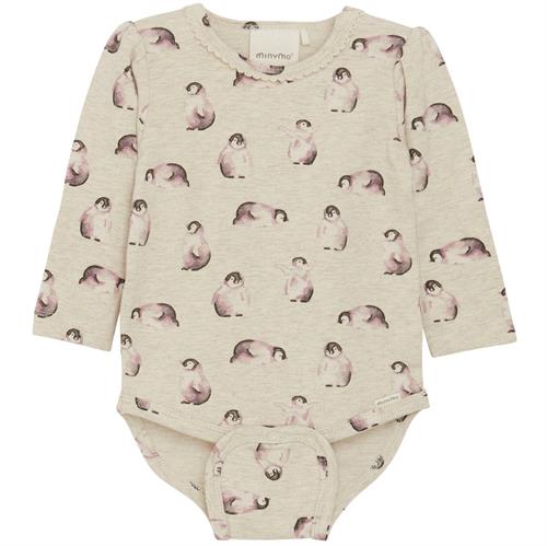 Minymo body sweat bambus beige med rosa pingviner, str. 62, 68, 74